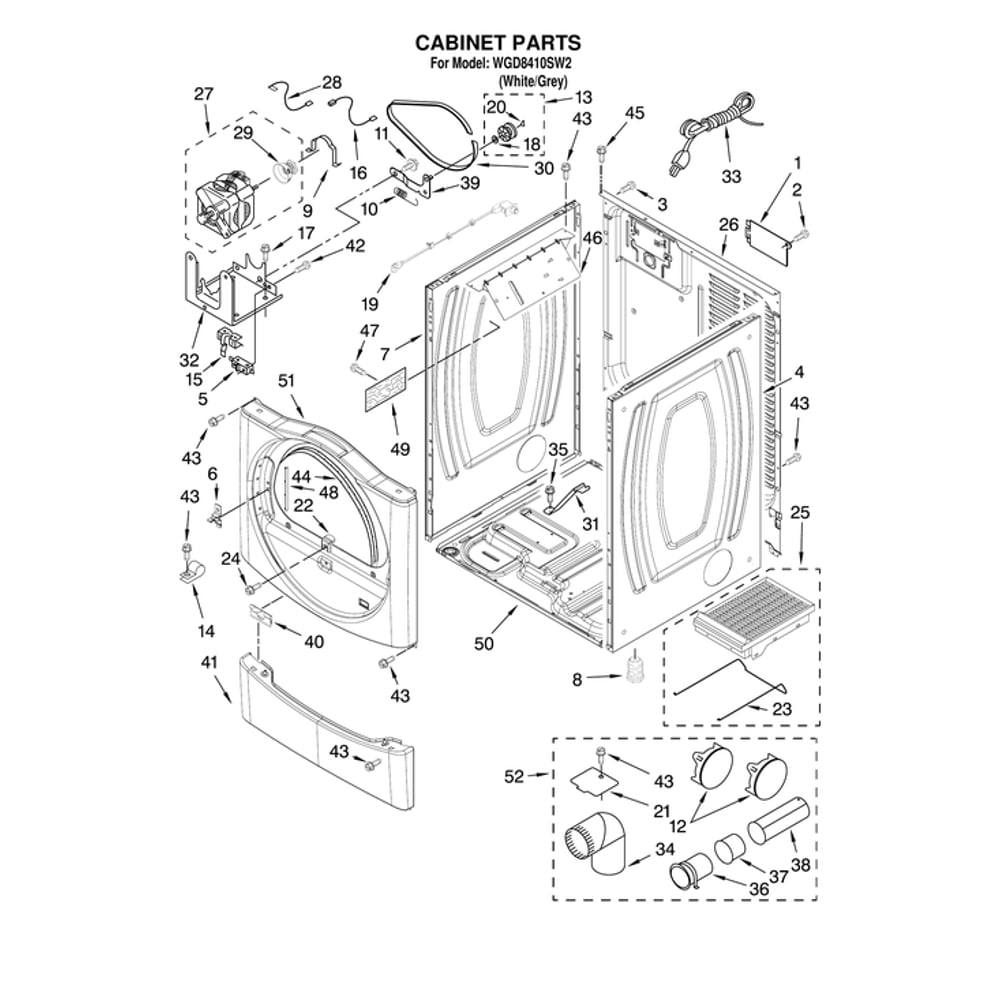 Cabinet Parts Diagram and Parts List for WGD8410SW2  Whirlpool Dryer
