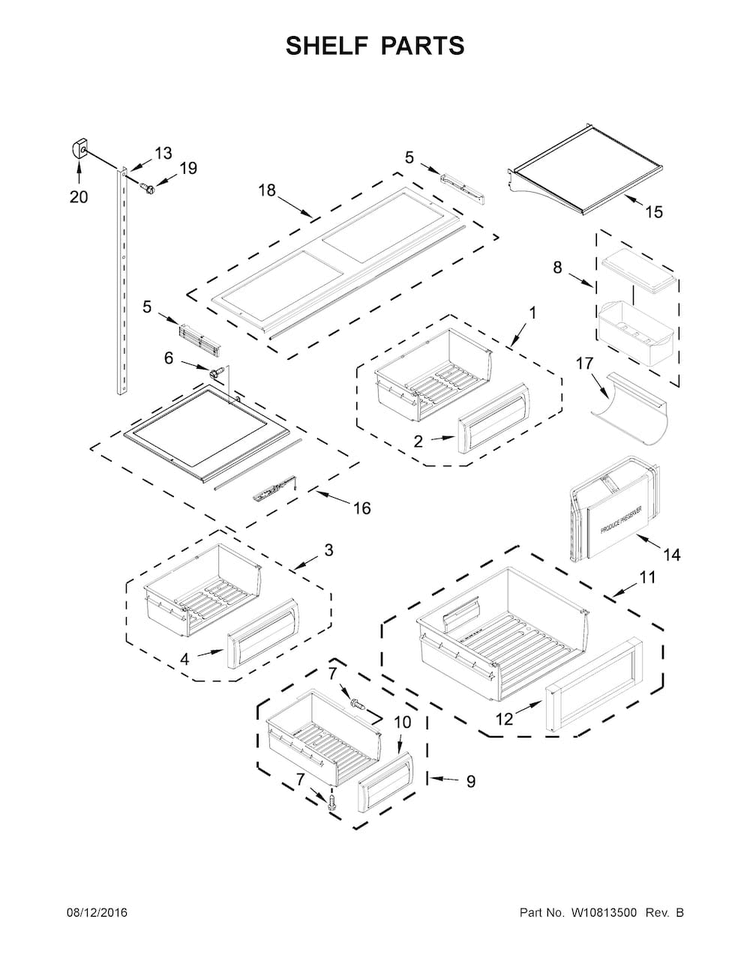 Shelf Parts Diagram and Parts List for KBFN402ESS01  KitchenAid Refrigerator