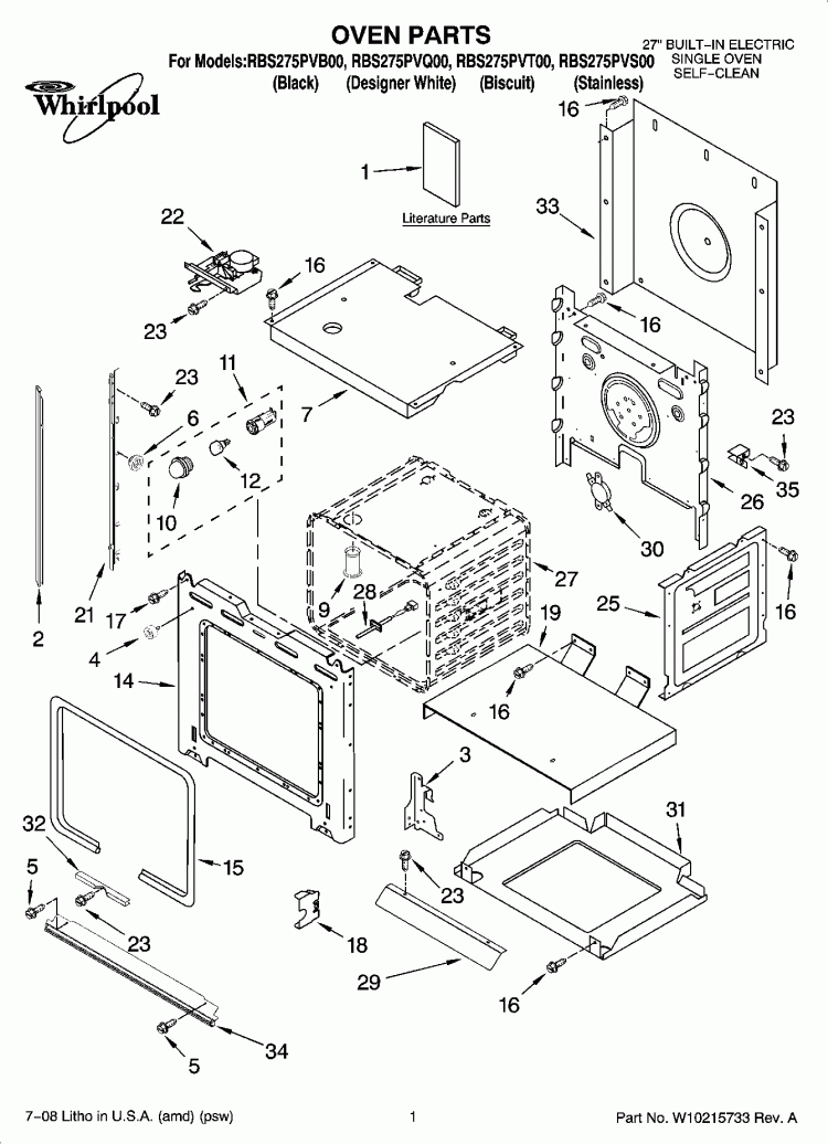 OVEN PARTS Diagram and Parts List for RBS275PVQ00  Whirlpool Wall Oven