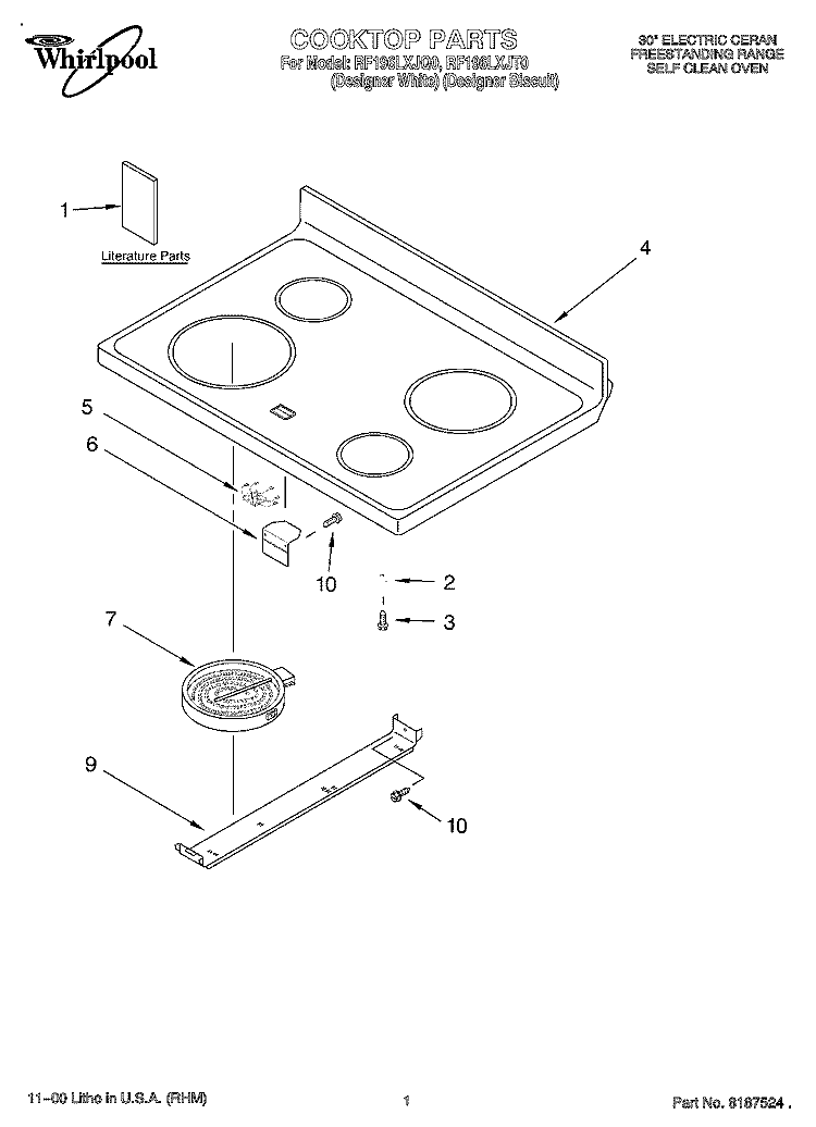 COOKTOP, LITERATURE Diagram and Parts List for RF196LXJT0  Whirlpool Range