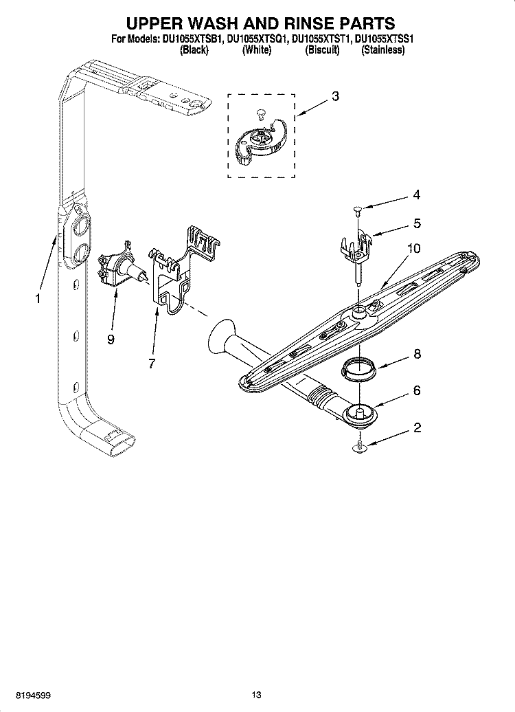 UPPER WASH AND RINSE PARTS Diagram and Parts List for DU1055XTSB1  Whirlpool Dishwasher