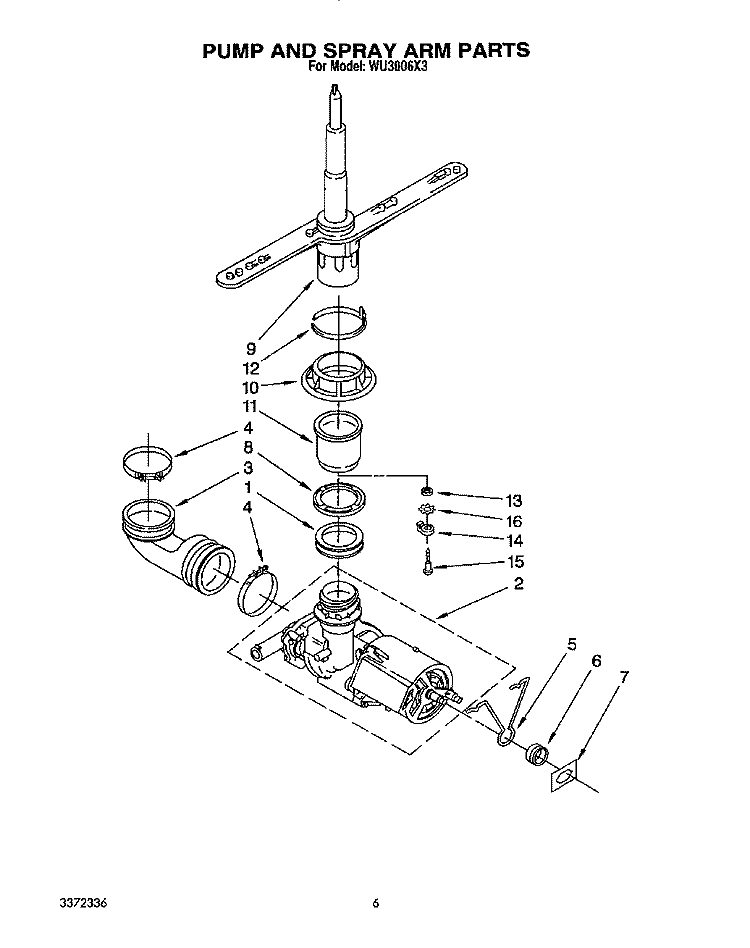 PUMP AND SPRAY ARM Diagram and Parts List for WU3006X3  Roper Dishwasher