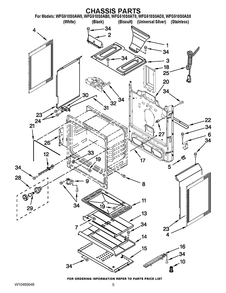 CHASSIS PARTS Diagram and Parts List for WFG510S0AT0  Whirlpool Range