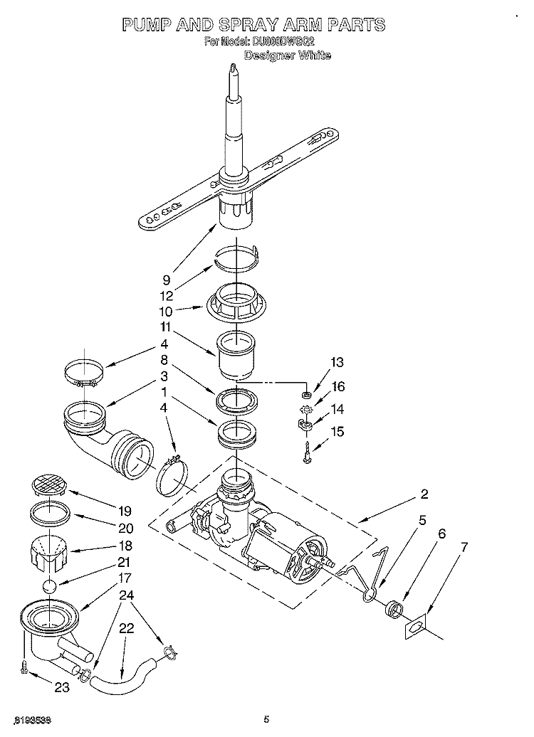 PUMP AND SPRAYARM Diagram and Parts List for DU800DWGQ2  Whirlpool Dishwasher