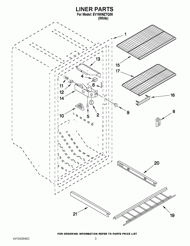 LINER PARTS Diagram and Parts List for EV160NZTQ00  Whirlpool Freezer