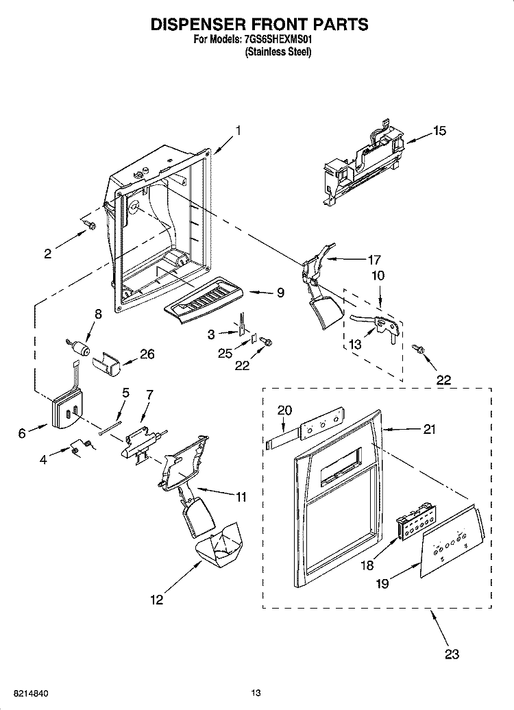 DISPENSER FRONT PARTS Diagram and Parts List for 7GS6SHEXMS01  Whirlpool Refrigerator