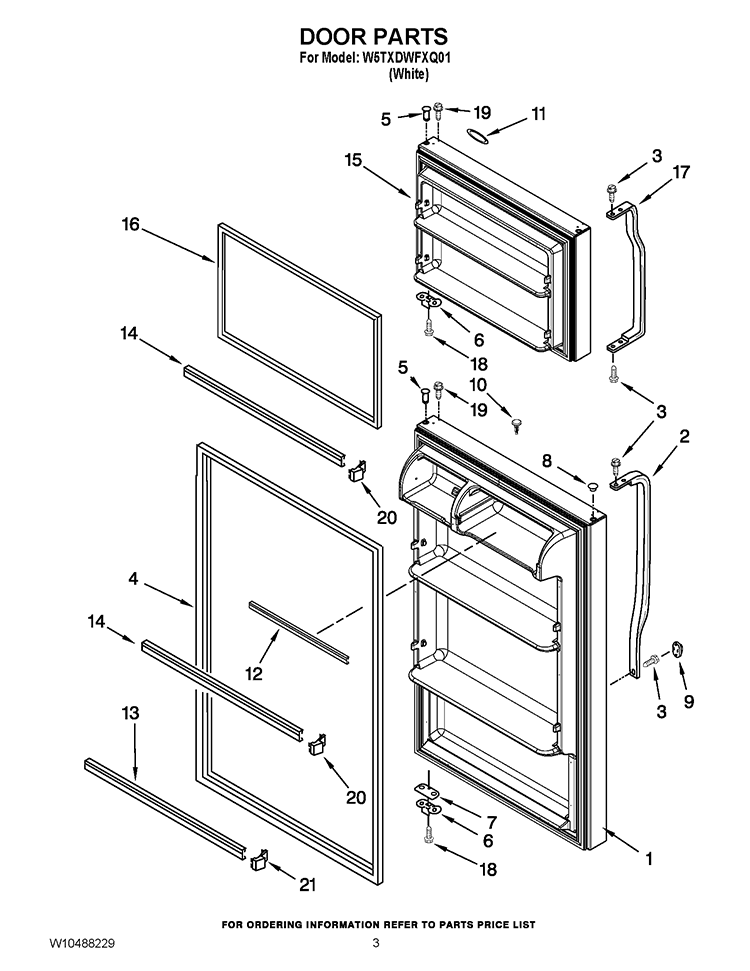 DOOR PARTS Diagram and Parts List for W5TXDWFXQ01  Whirlpool Refrigerator
