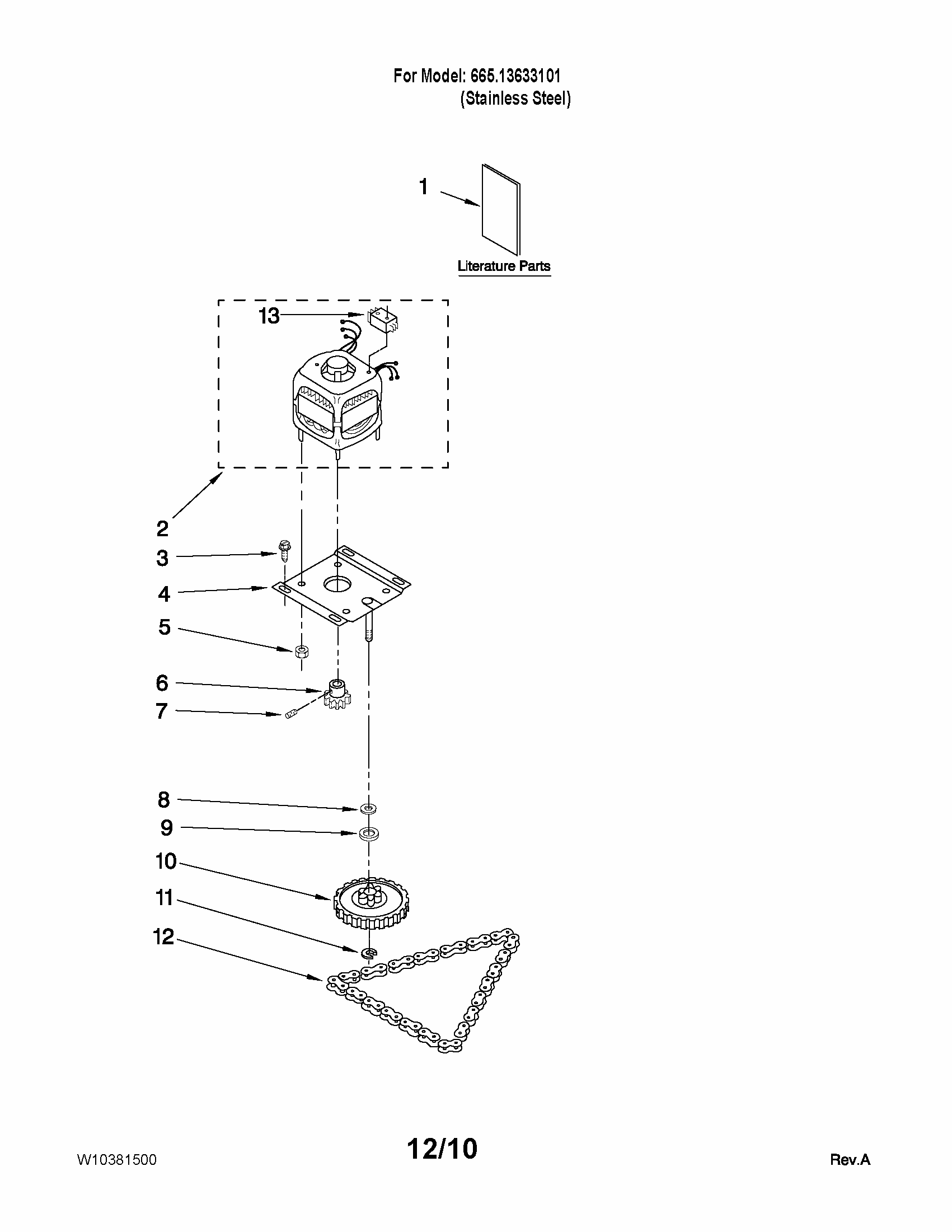 Motor And Drive Parts Diagram and Parts List for 66513633101  Kenmore Trash Compactor