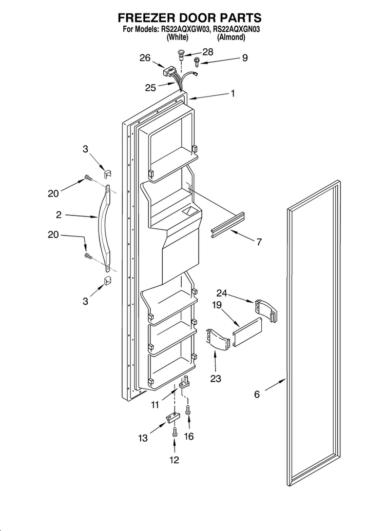 Freezer Door Diagram and Parts List for RS22AQXGN03  Roper Refrigerator