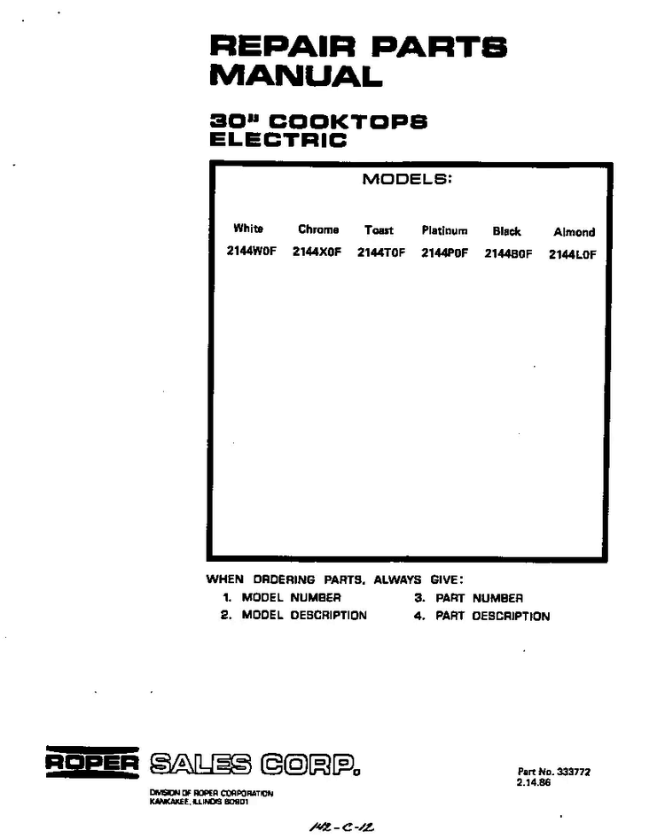 Front Cover Diagram and Parts List for 2144*0F  Roper Range