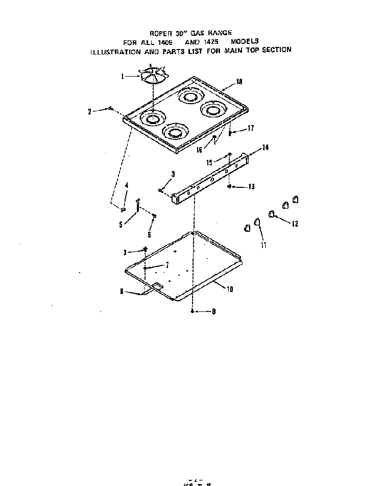 Main Top Diagram and Parts List for 1405*1A  Roper Range