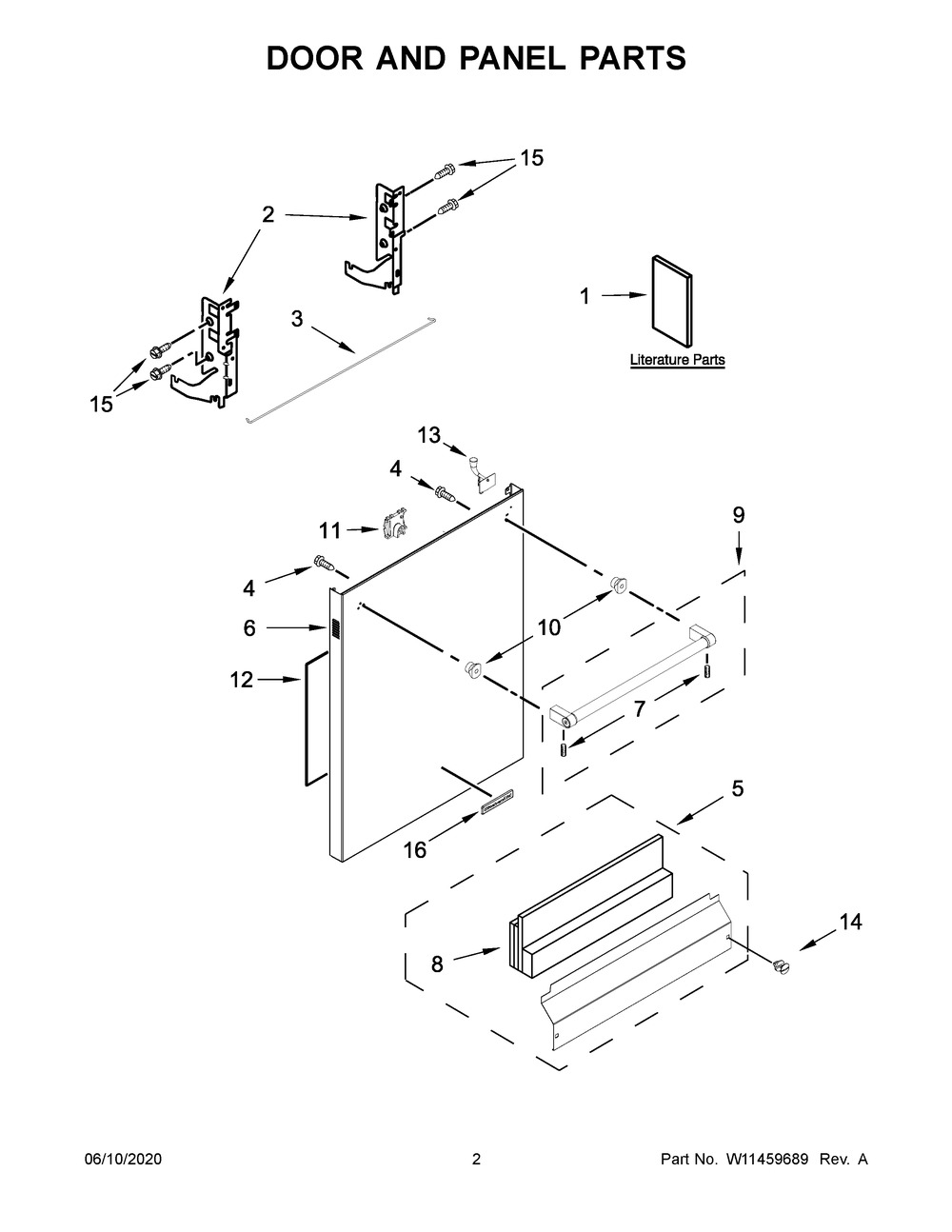 Door And Panel Parts Diagram and Parts List for KDTE304GPS1  Whirlpool Dishwasher