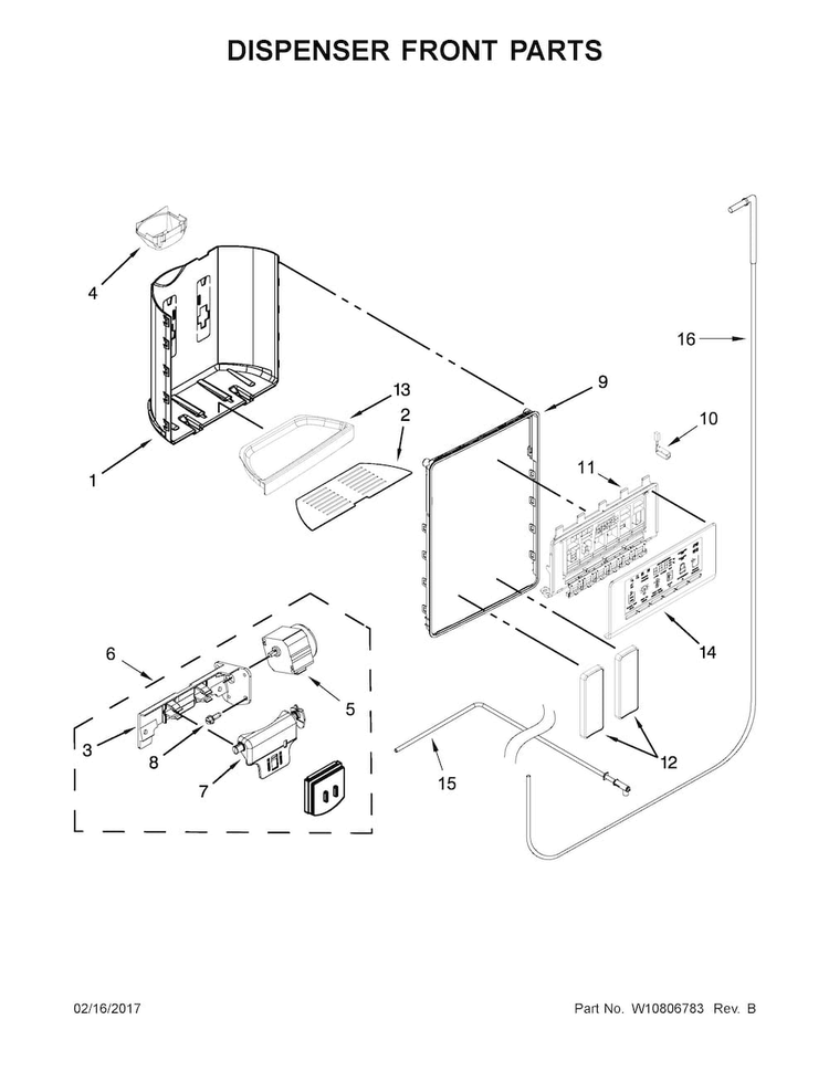 Dispenser Front Parts Diagram and Parts List for WRS586FIEE01  Whirlpool Refrigerator