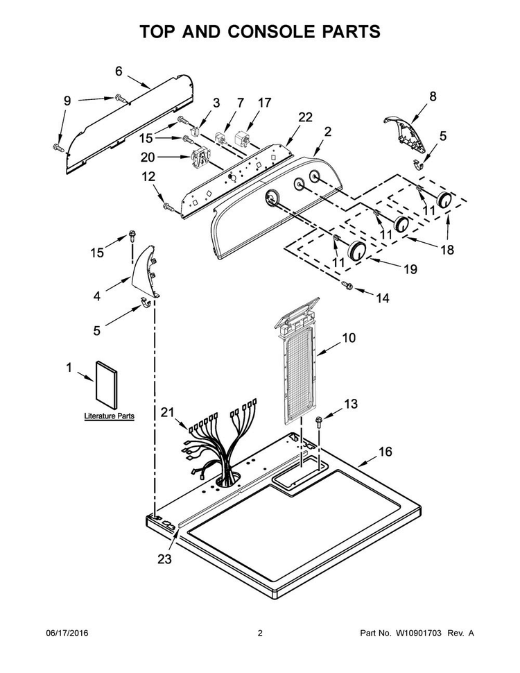 Top And Console Parts Diagram and Parts List for WGD4916FW1  Whirlpool Dryer