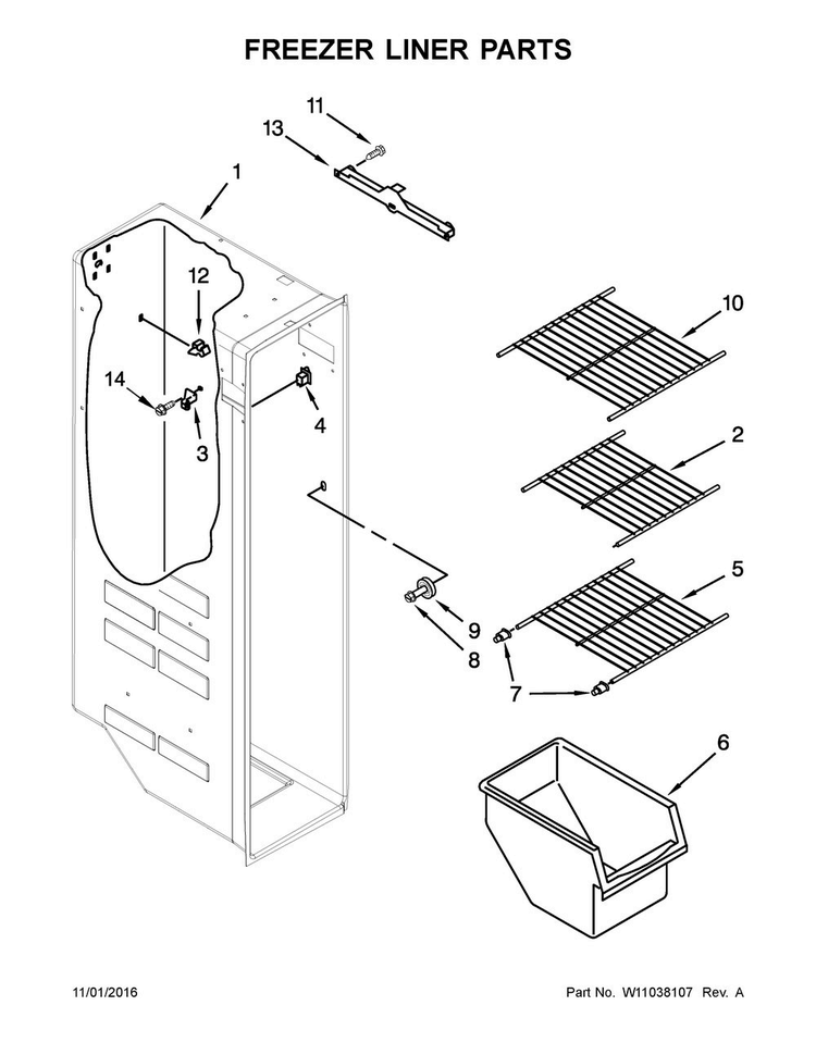 Freezer Liner Parts Diagram and Parts List for WRS331FDDB02  Whirlpool Refrigerator