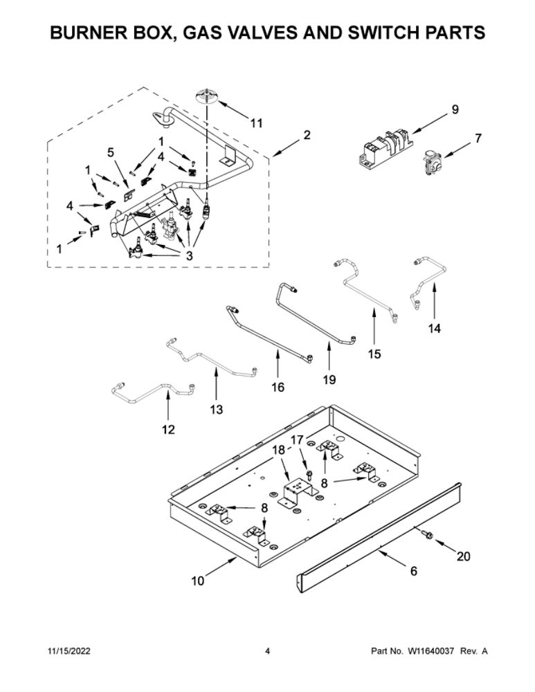 Burner Box, Gas Valves And Switch Parts Diagram and Parts List for WCG97US0HS05  Whirlpool Cooktop