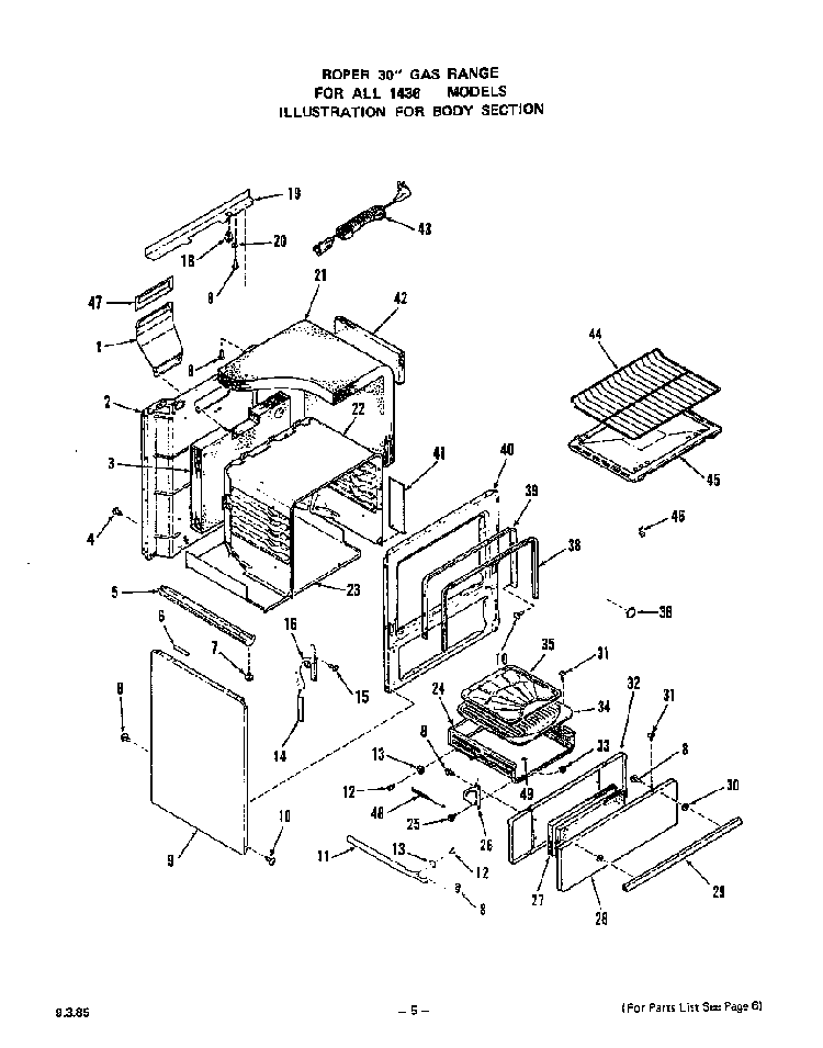 Body Diagram and Parts List for 1436*1A  Roper Range