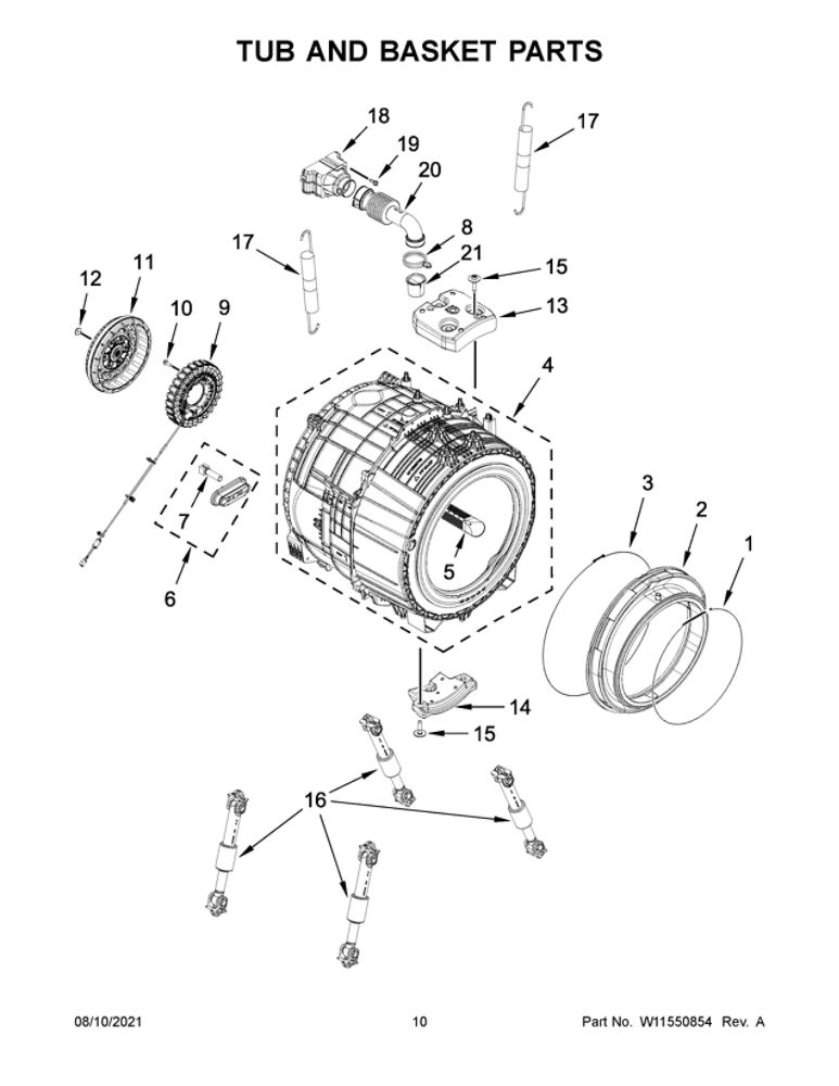 Tub And Basket Parts Diagram and Parts List for 8TWFW5620HW2  Whirlpool Washer