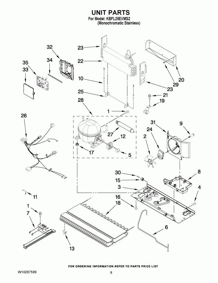 UNIT PARTS Diagram and Parts List for KBFL25EVMS2  KitchenAid Refrigerator