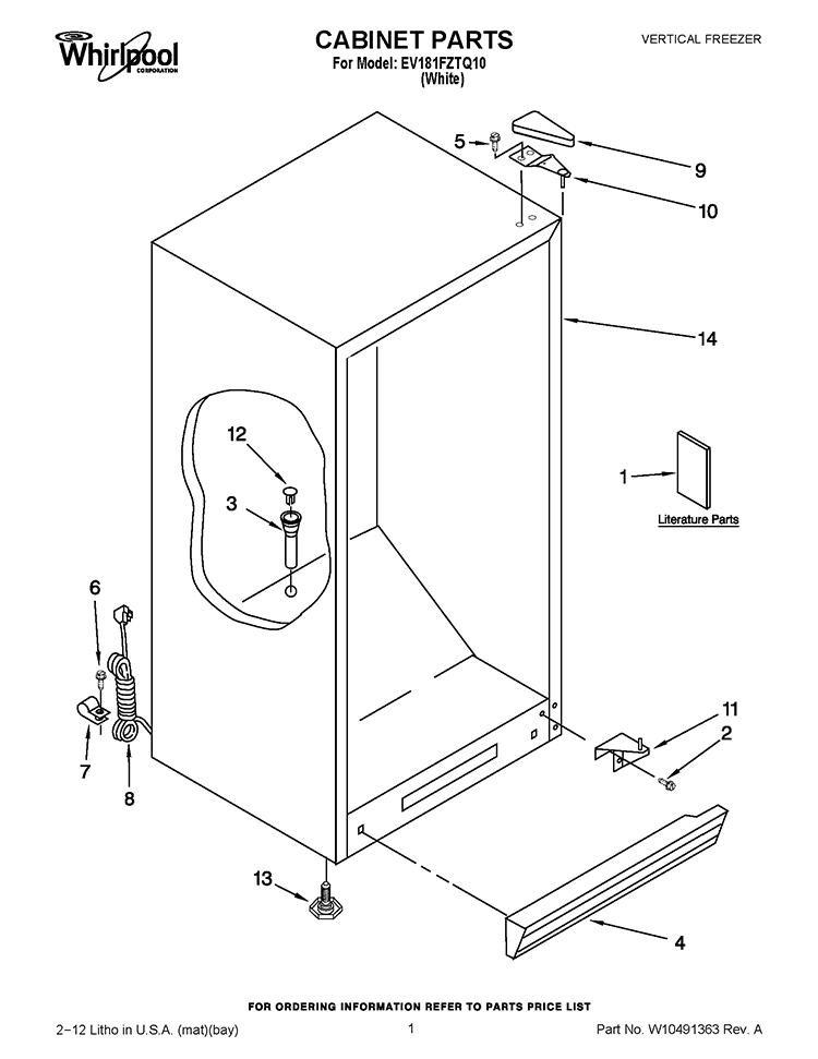 CABINET PARTS Diagram and Parts List for EV181FZTQ10  Whirlpool Freezer