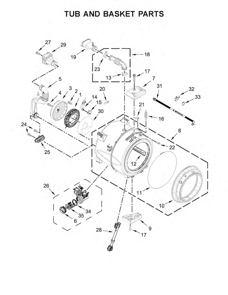 Tub And Basket Parts Diagram and Parts List for WFW72HEDW0  Whirlpool Washer