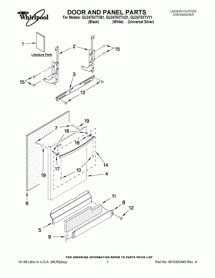 DOOR AND PANEL PARTS Diagram and Parts List for GU2475XTVY1  Whirlpool Dishwasher