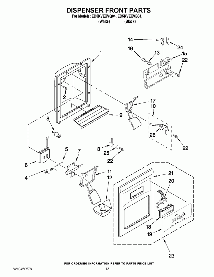 DISPENSER FRONT PARTS Diagram and Parts List for ED5KVEXVQ04  Whirlpool Refrigerator
