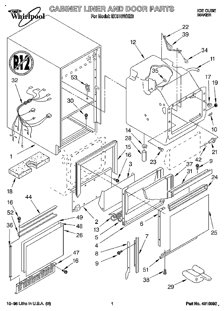 CABINET LINER AND DOOR Diagram and Parts List for EC510WXE0  Whirlpool Ice Maker
