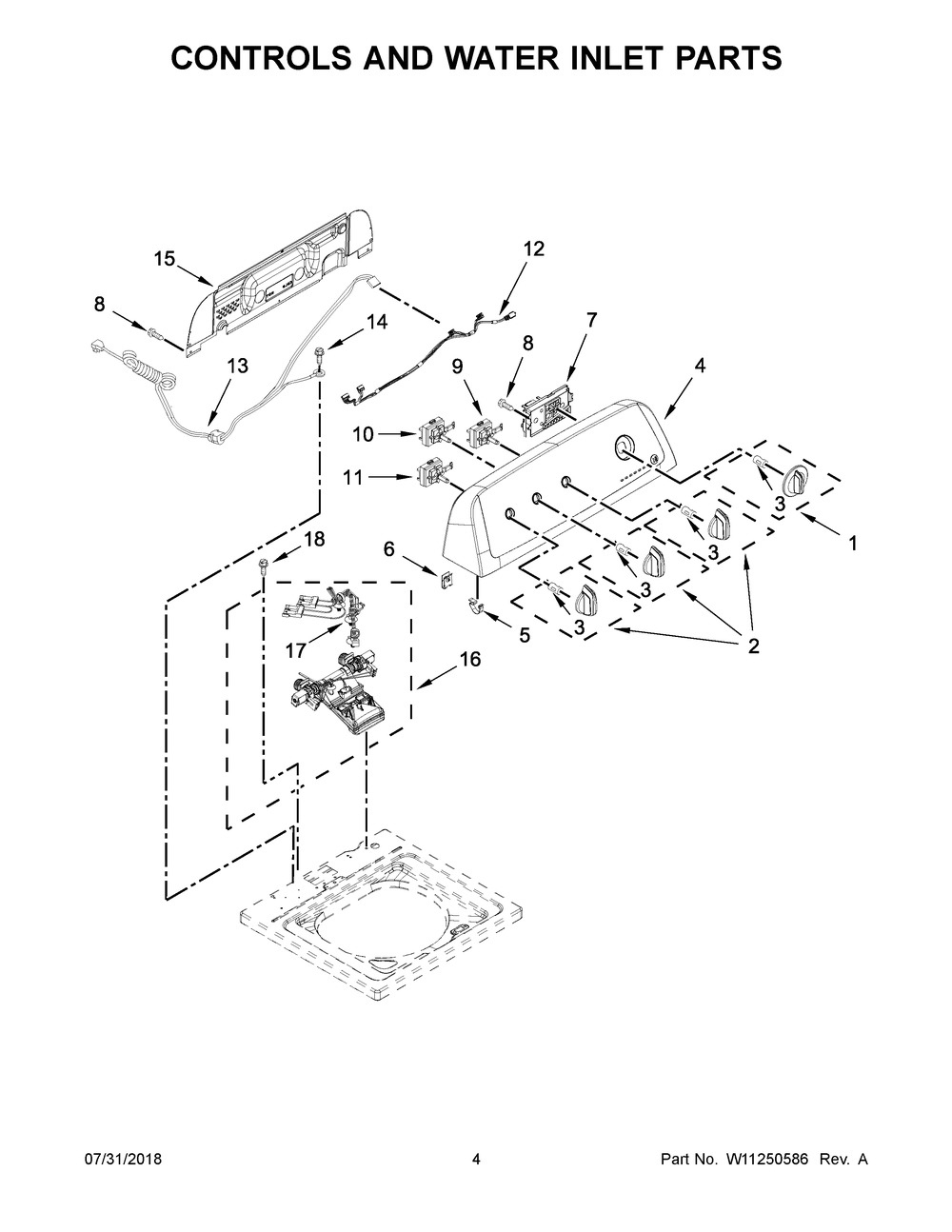 Controls And Water Inlet Parts Diagram and Parts List for WTW4850HW1  Whirlpool Washer