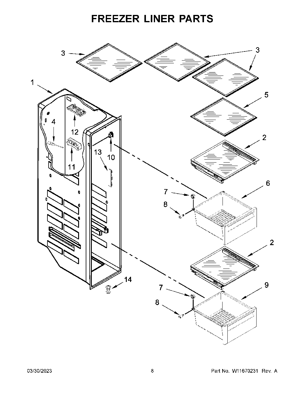Freezer Liner Parts Diagram and Parts List for KRSC703HPS05  KitchenAid Refrigerator