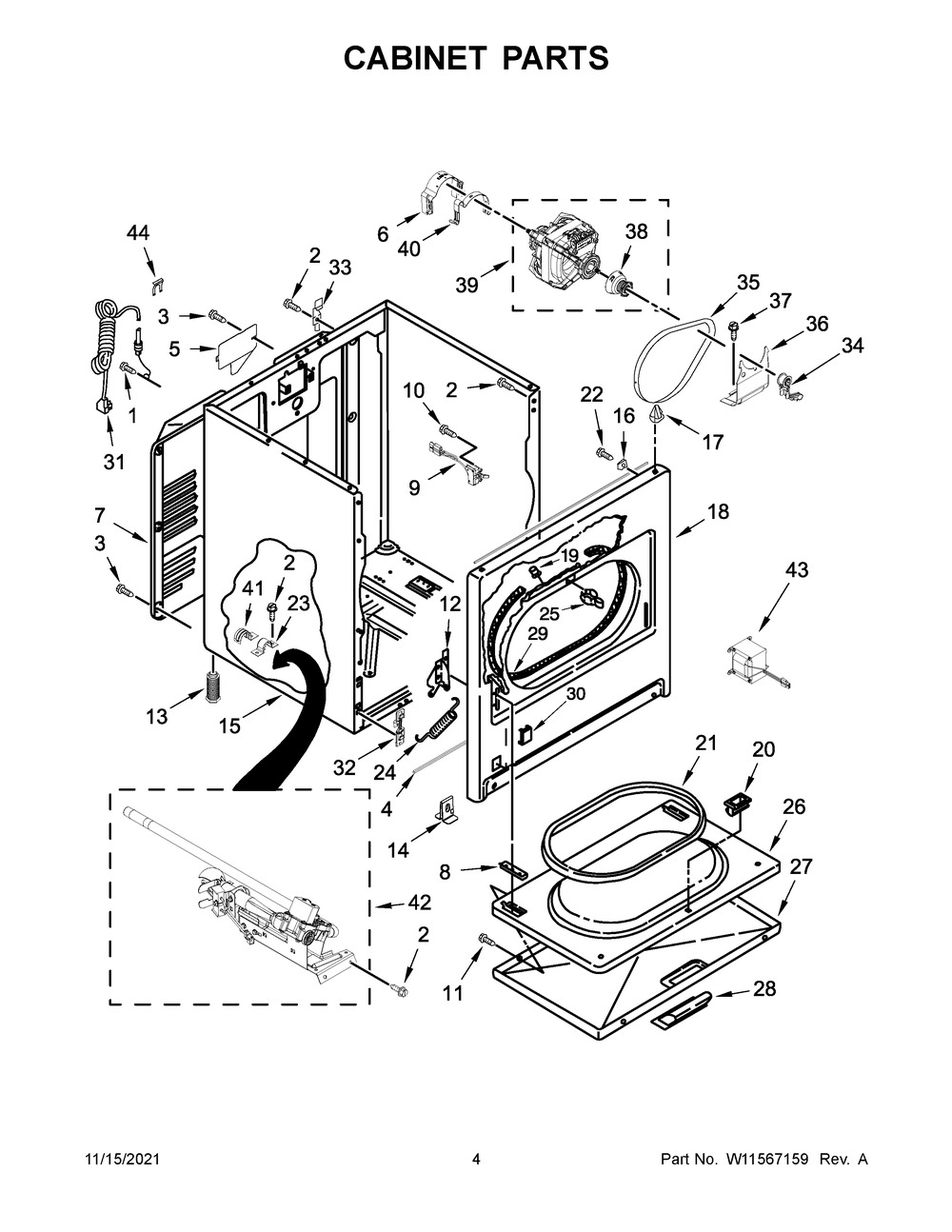 Cabinet Parts Diagram and Parts List for 3DWGD4815FW1  Whirlpool Dryer