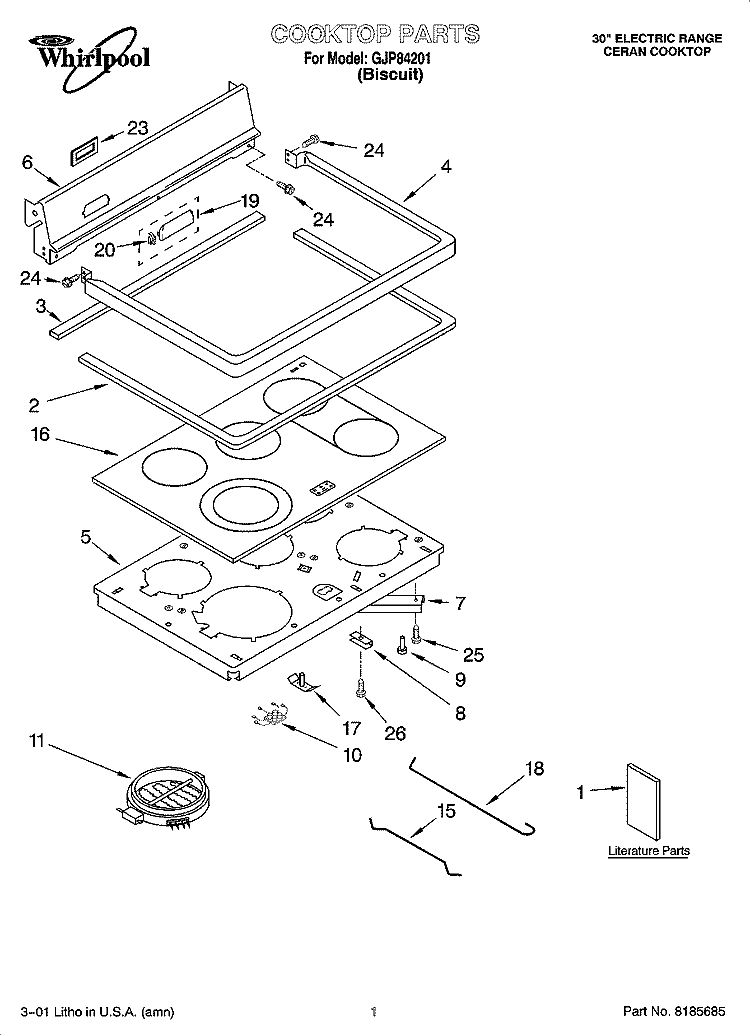 COOKTOP PARTS Diagram and Parts List for GJP84201  Whirlpool Range