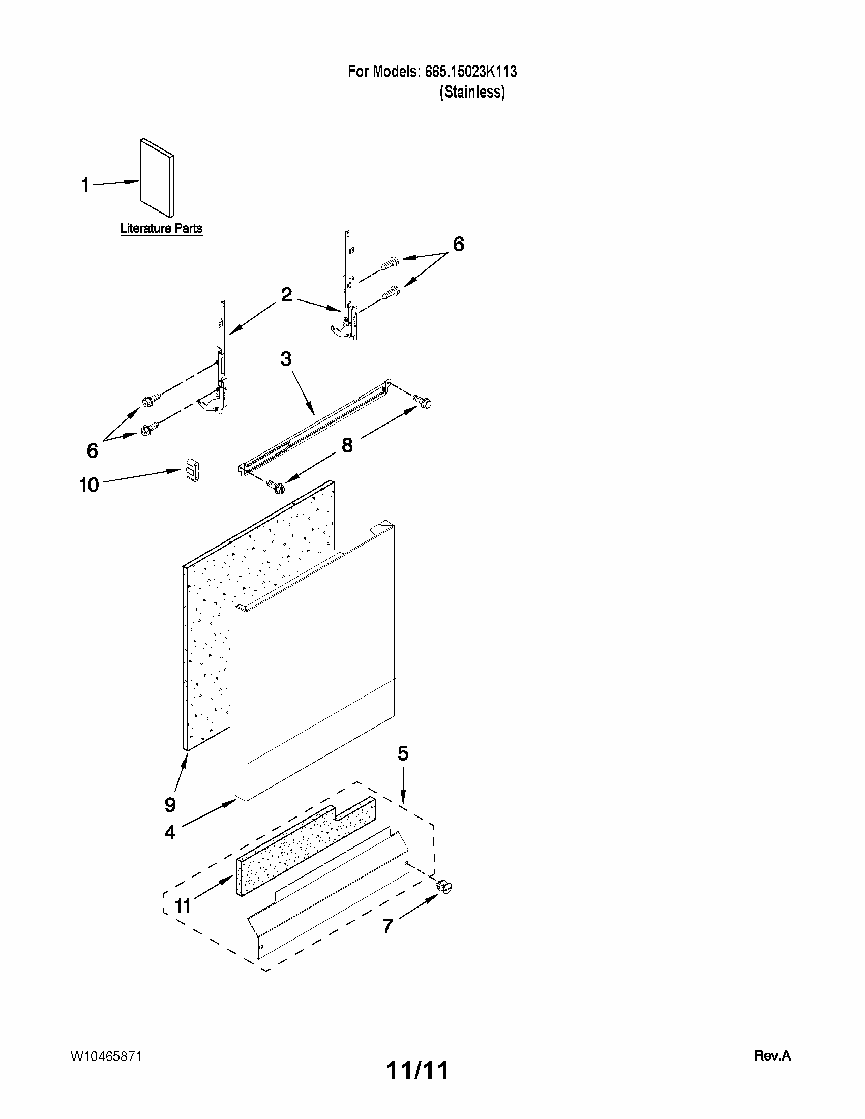 Door And Panel Parts Diagram and Parts List for 66515023K113  Kenmore Dishwasher