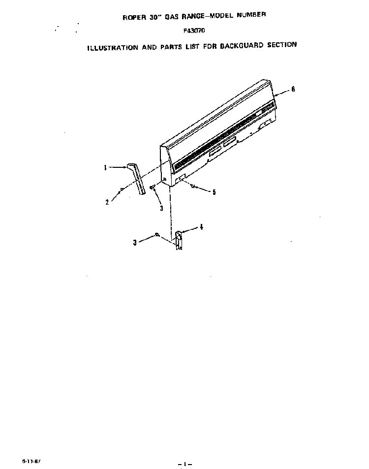 Backguard Diagram and Parts List for F4307*0  Roper Range