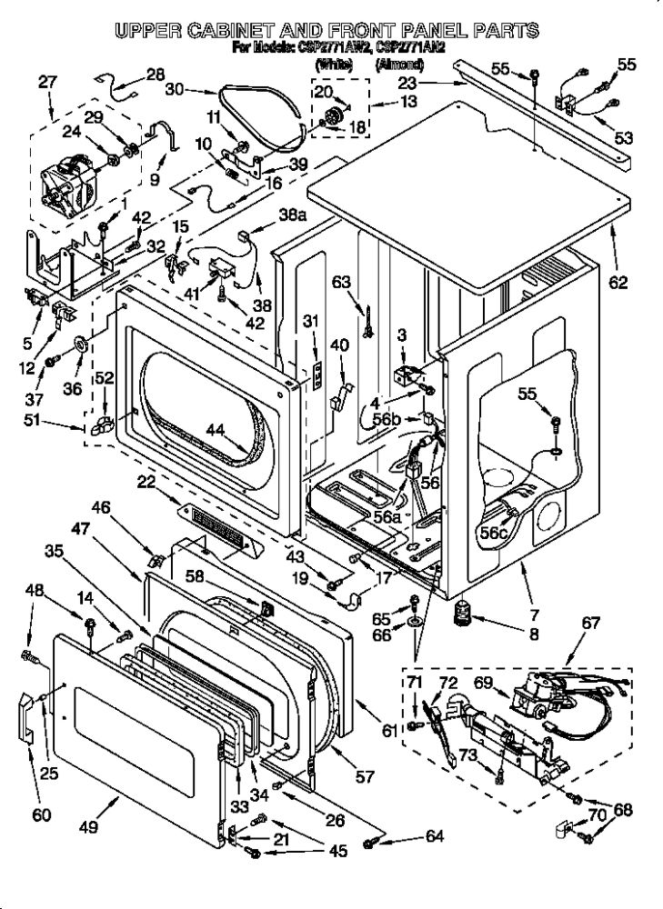 Upper Cabinet And Front Panel Diagram and Parts List for CSP2771AW2  Whirlpool Dryer