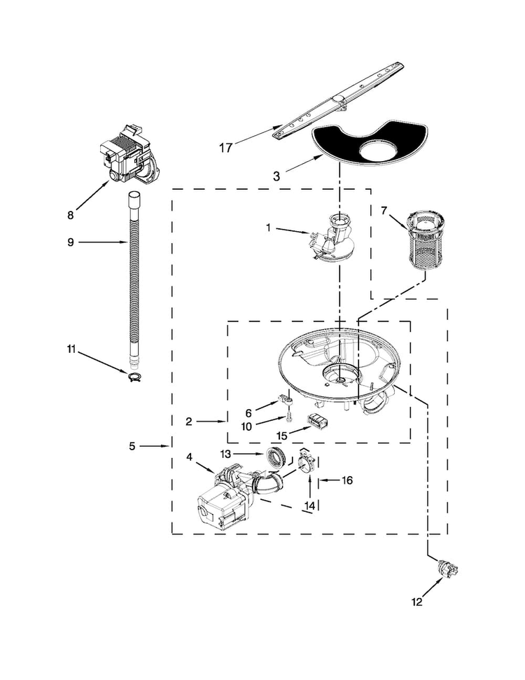 Pump, Washarm And Motor Parts Diagram and Parts List for WDF310PLAD4  Whirlpool Dishwasher