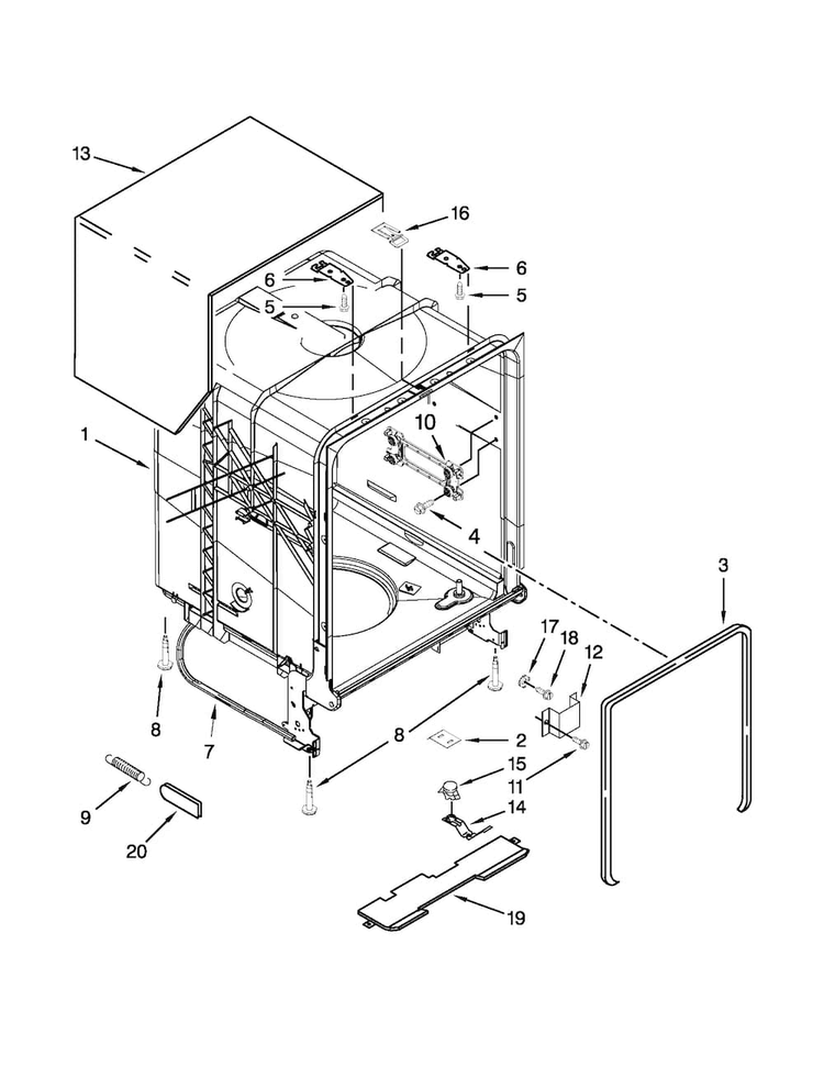 Tub And Frame Parts Diagram and Parts List for WDT710PAYW5  Whirlpool Dishwasher