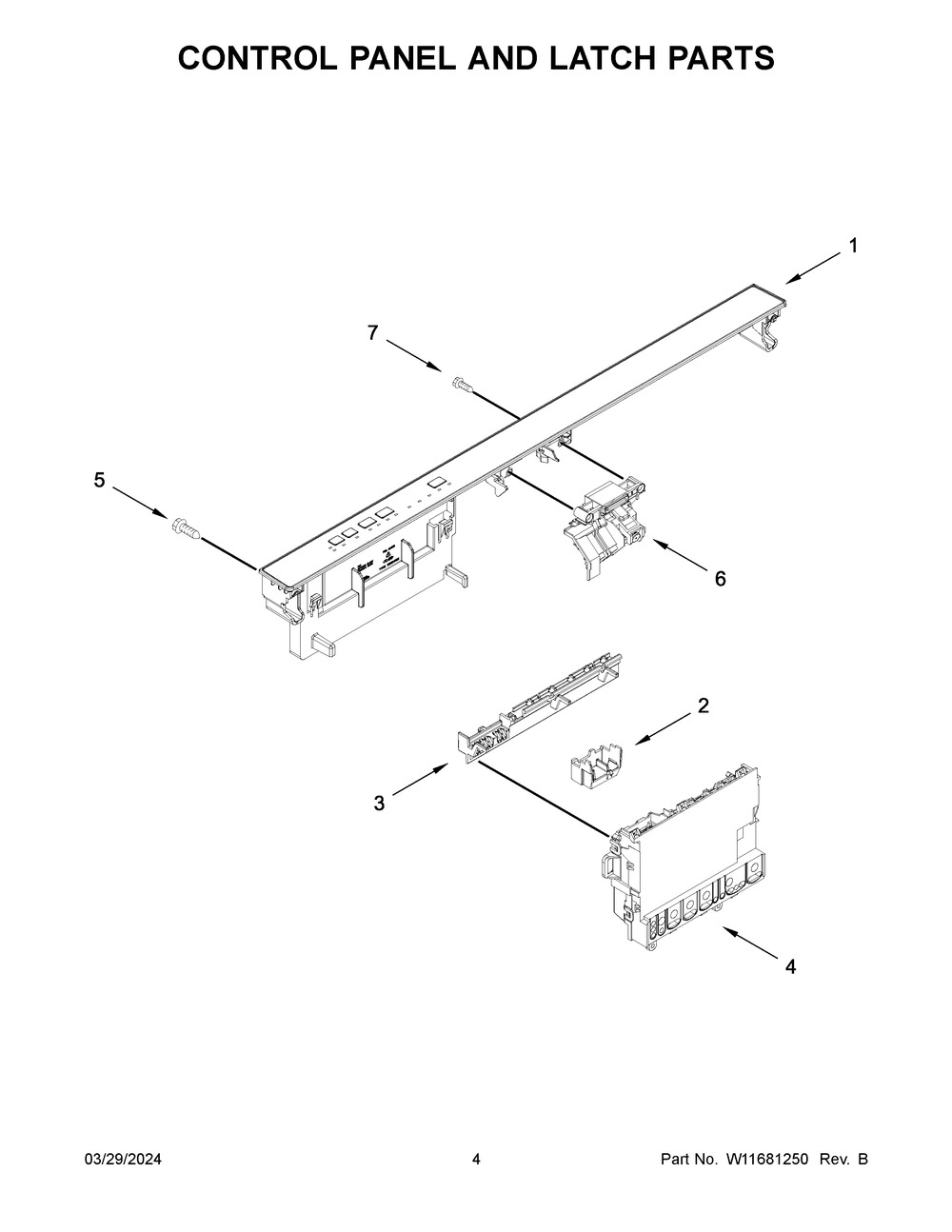 Control Panel And Latch Parts Diagram and Parts List for WDP560HAMW1  Whirlpool Dishwasher