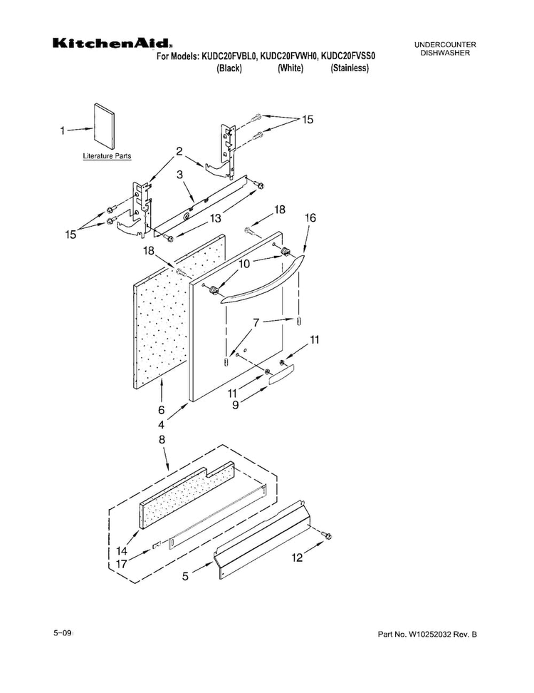 Door And Panel Diagram and Parts List for KUDC20FVSS0  KitchenAid Dishwasher