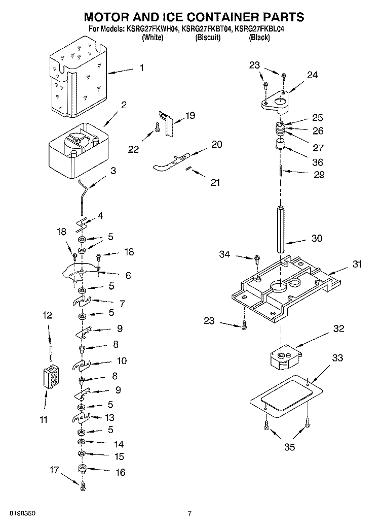 MOTOR AND ICE CONTAINER Diagram and Parts List for KSRG27FKWH04  KitchenAid Refrigerator