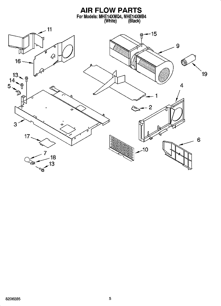 AIR FLOW PARTS Diagram and Parts List for MHE14XMB4  Roper Microwave