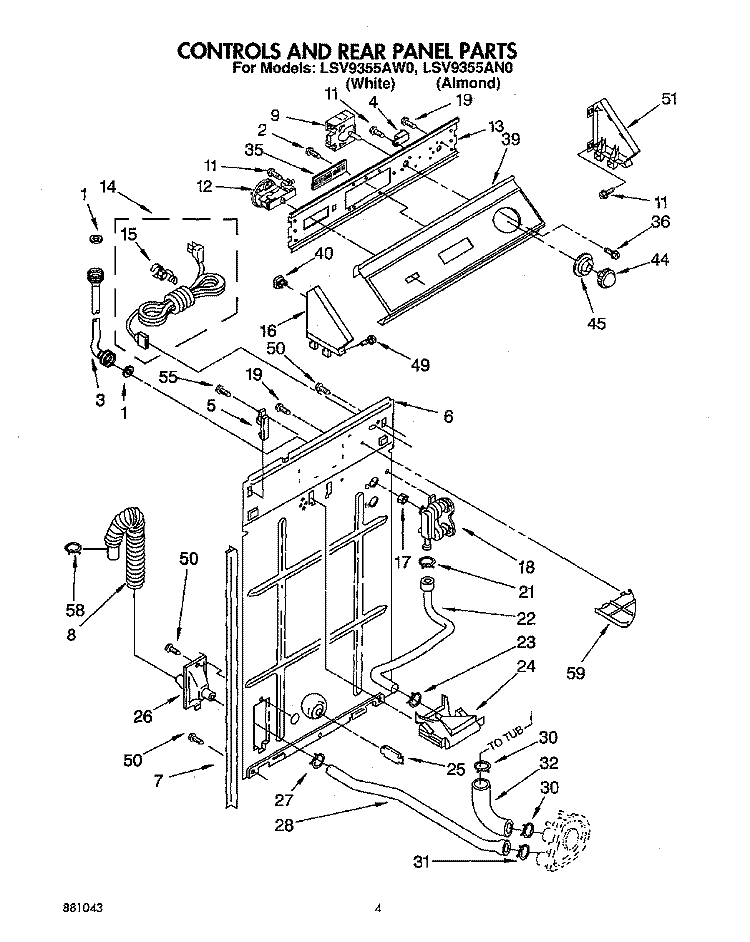 CONTROLS AND REAR PANEL Diagram and Parts List for LSV9355AN0  Whirlpool Washer