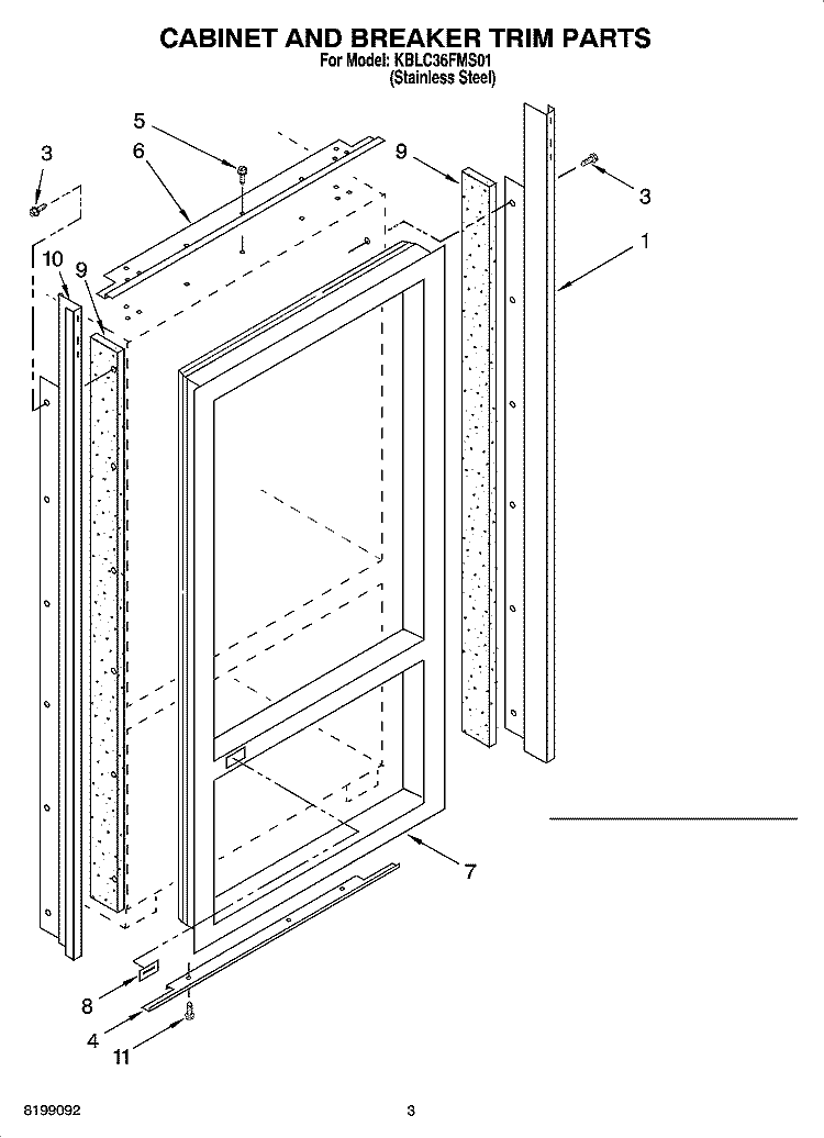 CABINET AND BREAKER TRIM PARTS Diagram and Parts List for KBLC36FMS01  KitchenAid Refrigerator