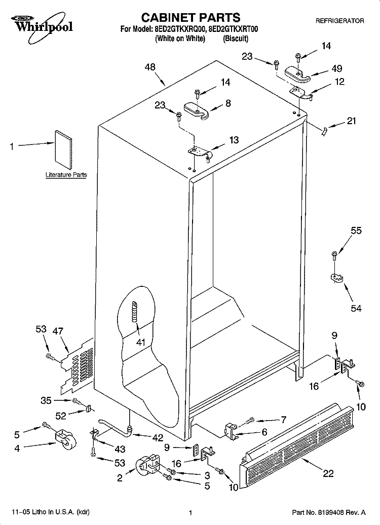 CABINET PARTS Diagram and Parts List for 8ED2GTKXRT00  Whirlpool Refrigerator