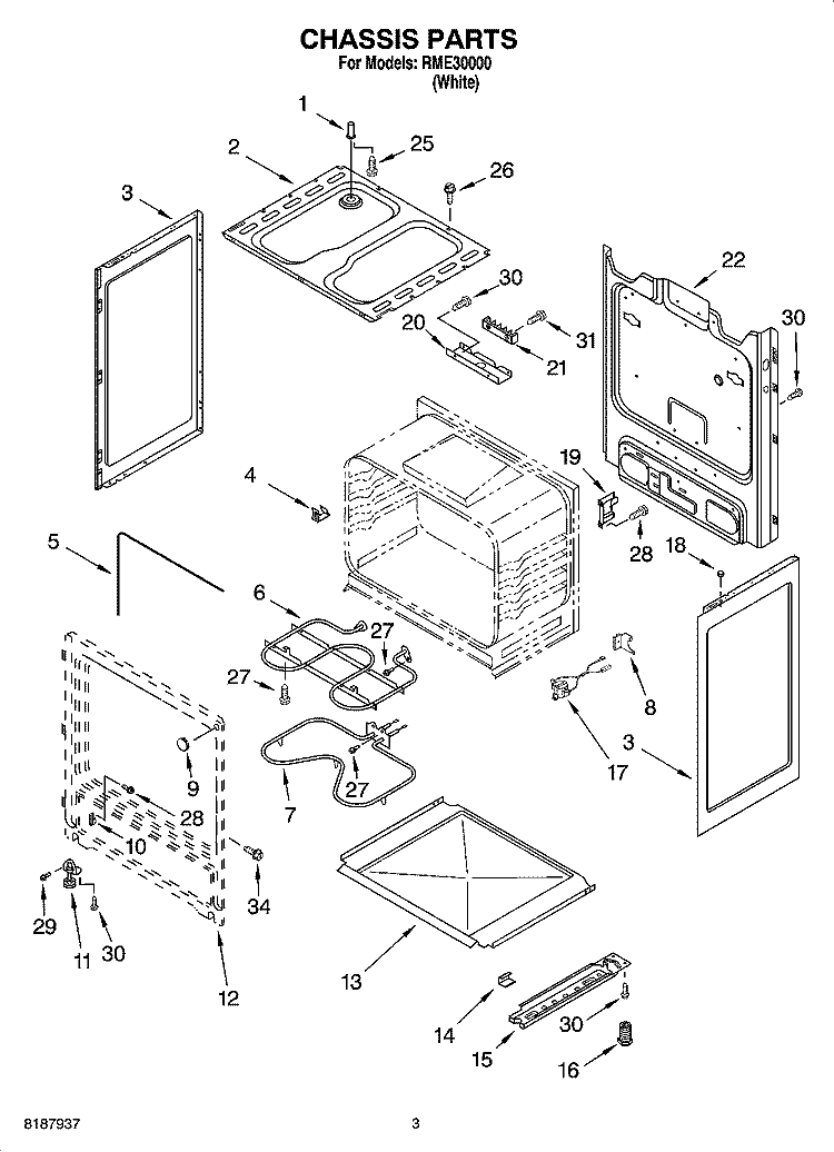 CHASSIS PARTS Diagram and Parts List for RME30000  Roper Range