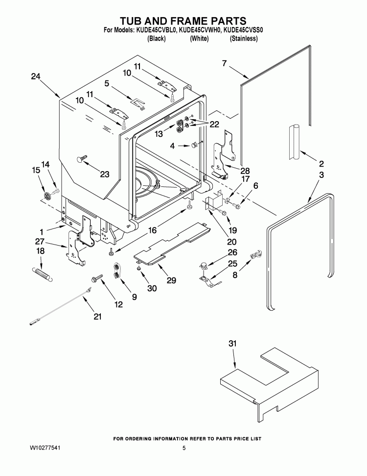 TUB AND FRAME PARTS Diagram and Parts List for KUDE45CVBL0  KitchenAid Dishwasher