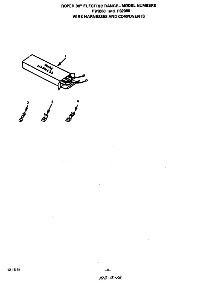 Wire Harness And Components Diagram and Parts List for F9208*0  Roper Range