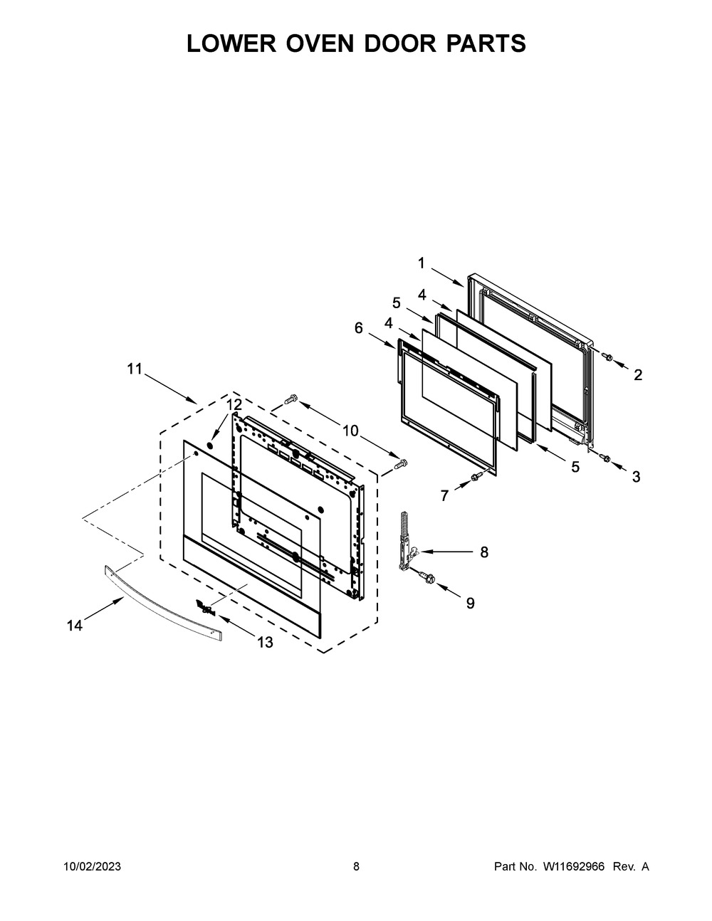 Lower Oven Door Parts Diagram and Parts List for WOED3030LS01  Whirlpool Wall Oven