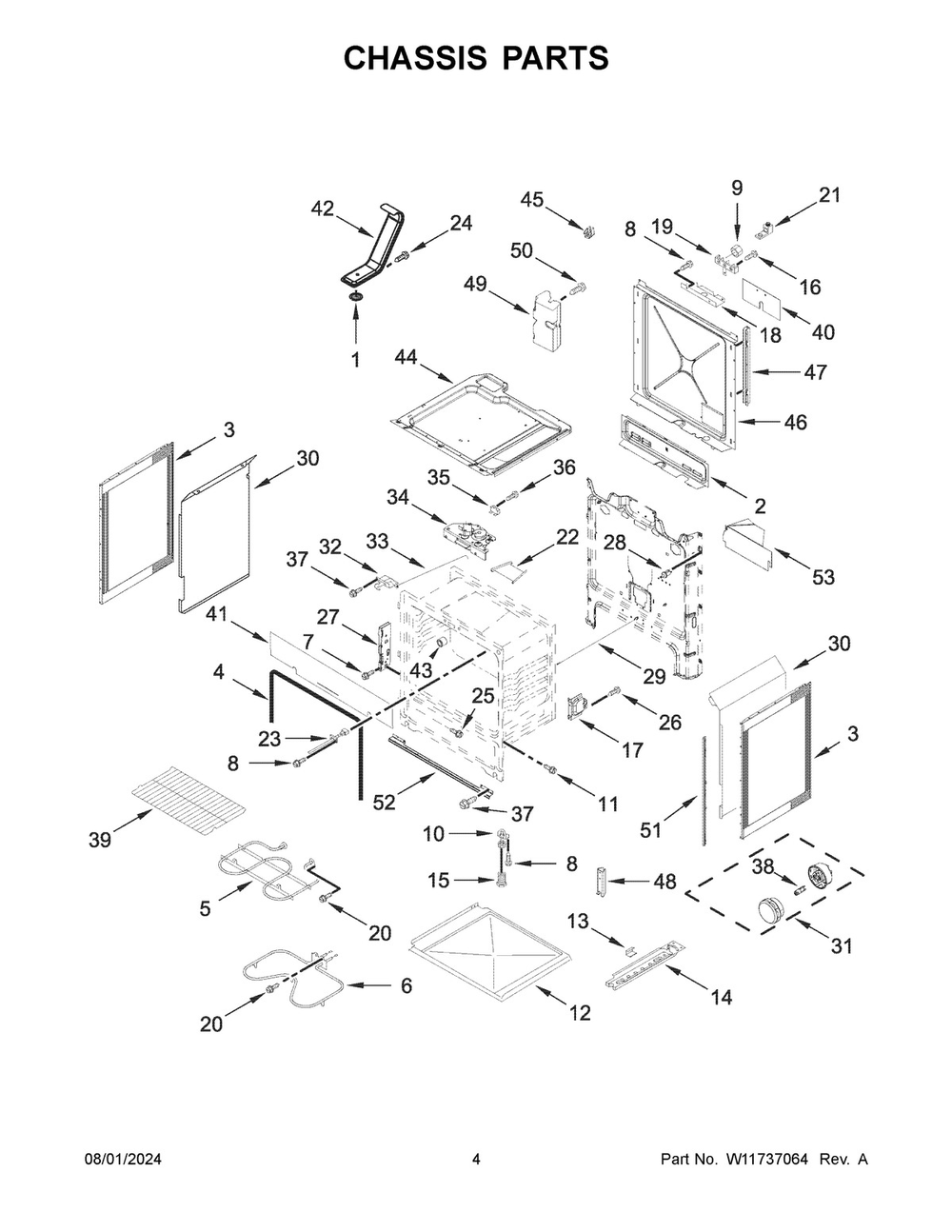 03 - Chassis Parts Diagram and Parts List for WEE515S0LW3  Whirlpool Range