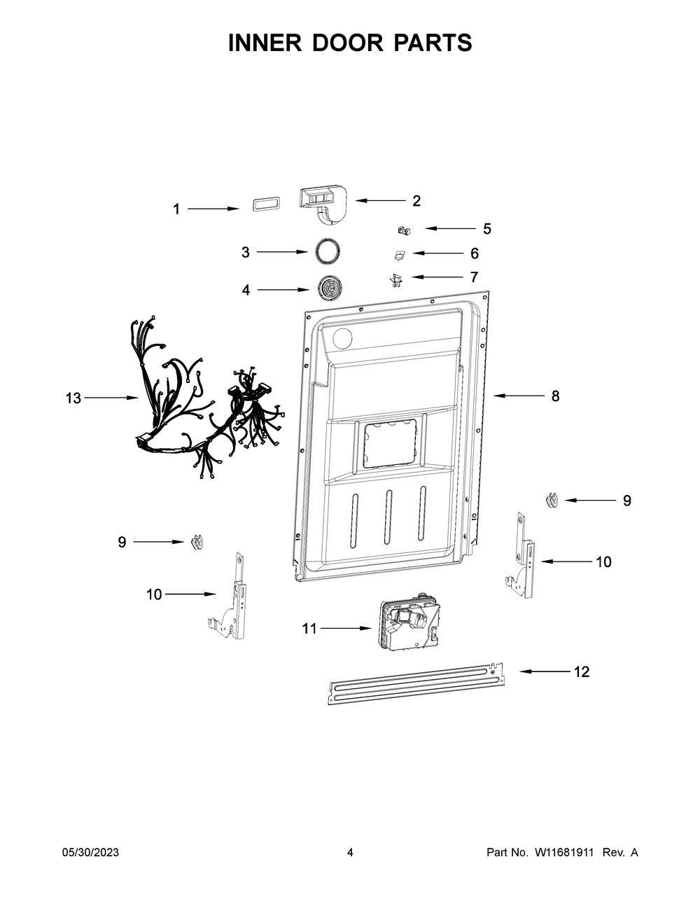 Inner Door Parts Diagram and Parts List for WDF518SAHB1  Whirlpool Dishwasher